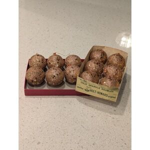 Vintage Holt Howard Gold Paper Christmas Ornaments Glitter Balls Set Of 12 + Box